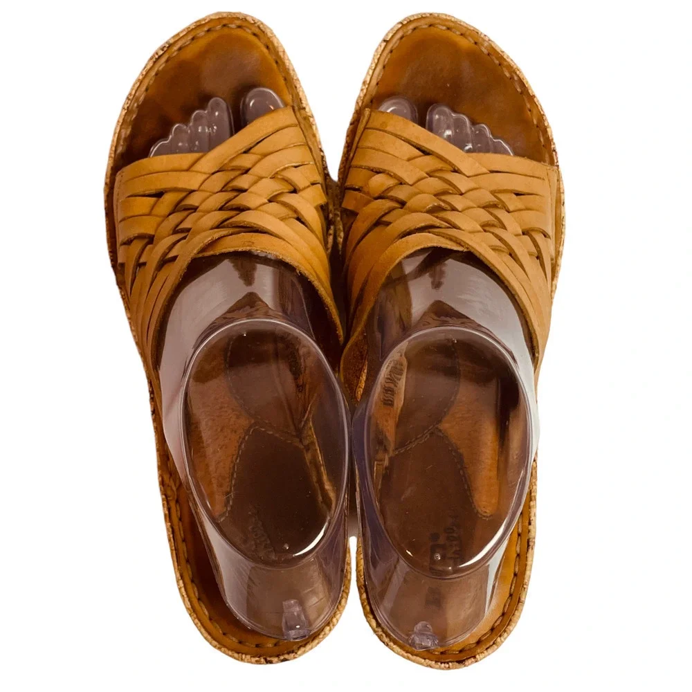 🍀 BORN ‘Drilles Tan Braided Leather Espadrille Wedge Sandals Women’s Size 9